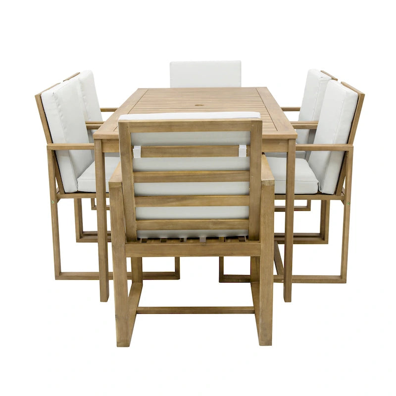 Ensemble de salle à manger d'extérieur 7 pièces, comprenant une table et 6 chaises avec coussins amovibles, idéal pour terrasse et jardin.
