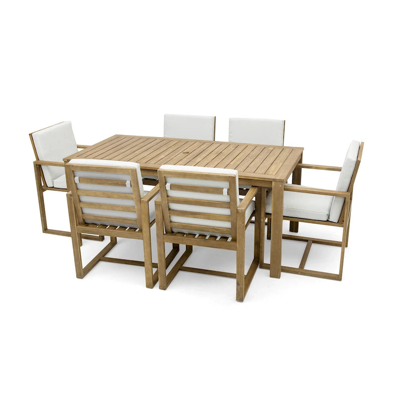 Ensemble de salle à manger d'extérieur 7 pièces, comprenant une table et 6 chaises avec coussins amovibles, idéal pour terrasse et jardin.