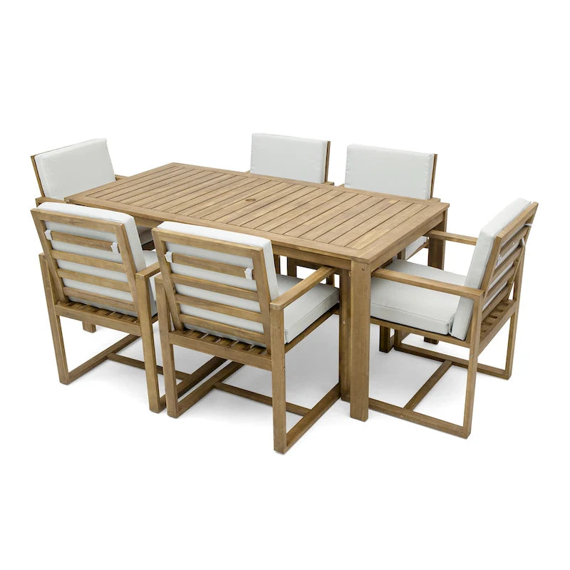Ensemble de salle à manger d'extérieur 7 pièces, comprenant une table et 6 chaises avec coussins amovibles, idéal pour terrasse et jardin.