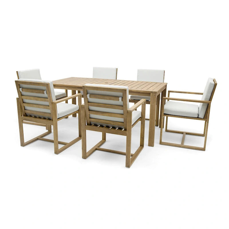 Ensemble de salle à manger d'extérieur 7 pièces, comprenant une table et 6 chaises avec coussins amovibles, idéal pour terrasse et jardin.