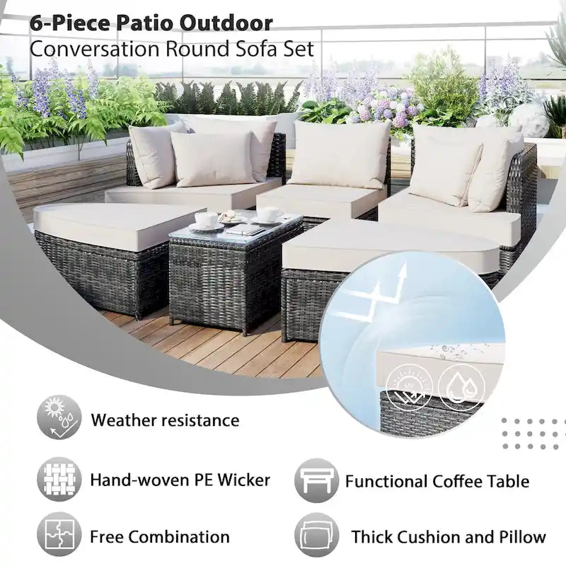 Ensemble de canapés ronds de conversation d'extérieur 6 pièces pour patio