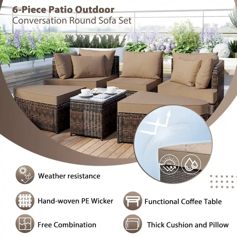 Ensemble de canapés ronds de conversation d'extérieur 6 pièces pour patio
