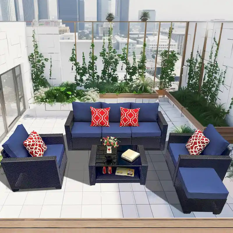 7-Piece PE Rattan Wicker Cushioned Sofa Set