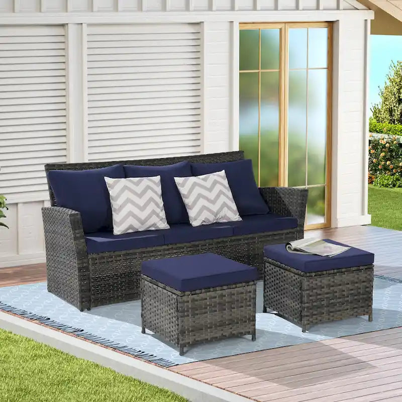 3 Piece Patio Furniture Set, Outdoor Wicker Sofa Rattan Patio Conversation Sets, All-Weather PE Wicker Furniture Sets