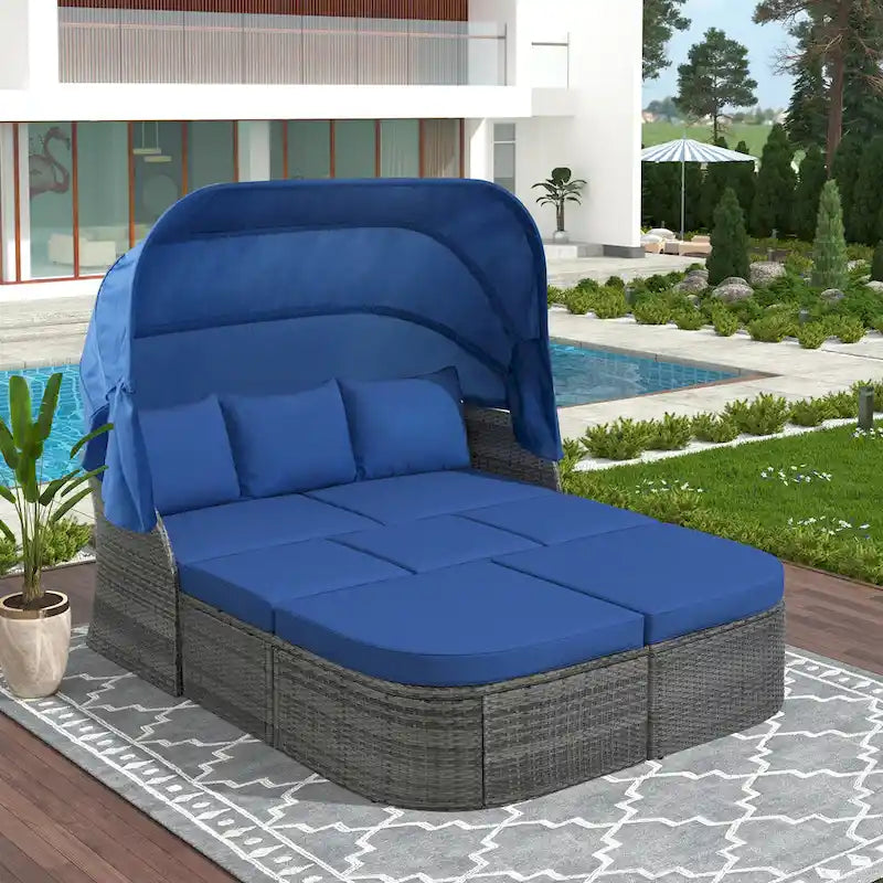Ensemble de conversation en osier avec lit de jour modulaire, bain de soleil et baldaquin