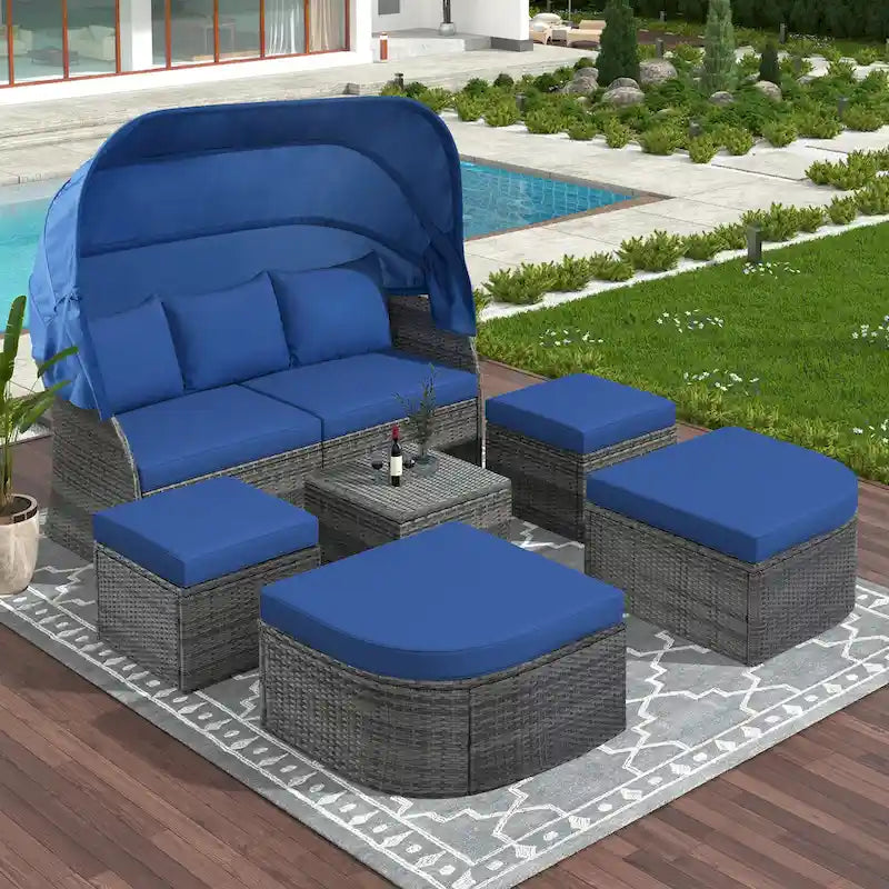 Ensemble de conversation en osier avec lit de jour modulaire, bain de soleil et baldaquin