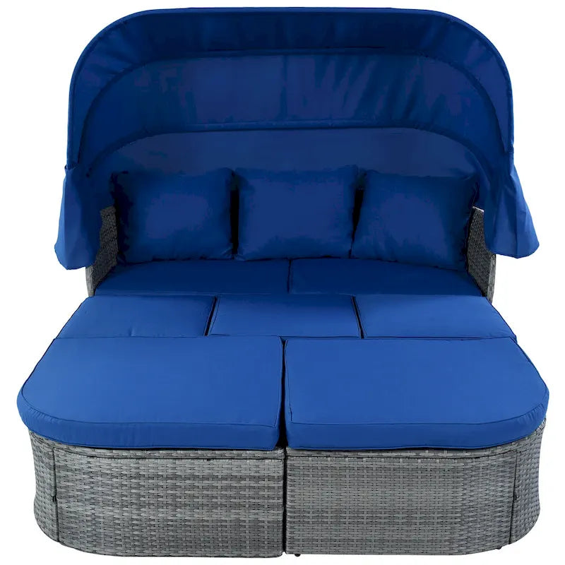Ensemble de conversation en osier avec lit de jour modulaire, bain de soleil et baldaquin
