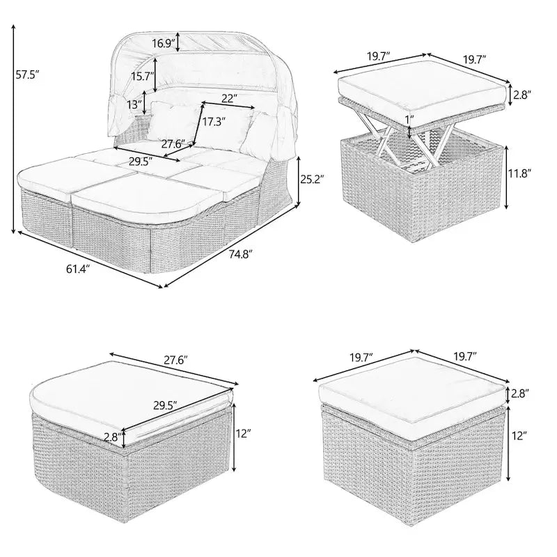 Ensemble de conversation en osier avec lit de jour modulaire, bain de soleil et baldaquin
