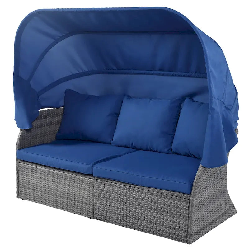Ensemble de conversation en osier avec lit de jour modulaire, bain de soleil et baldaquin