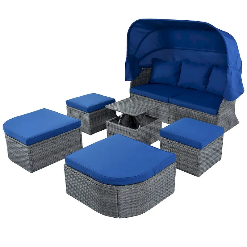 Ensemble de conversation en osier avec lit de jour modulaire, bain de soleil et baldaquin