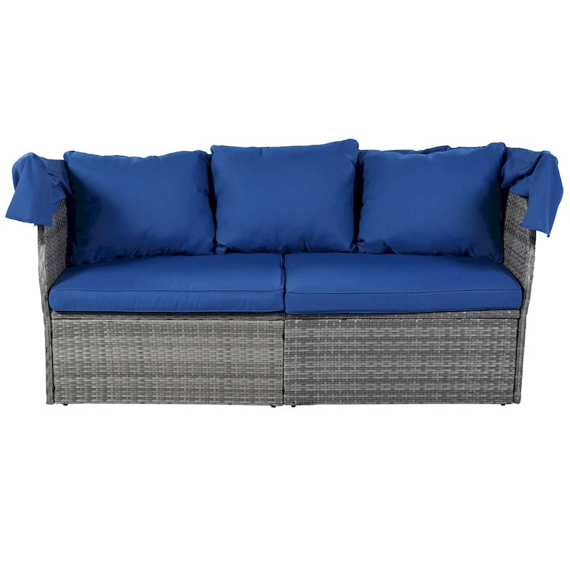Ensemble de conversation en osier avec lit de jour modulaire, bain de soleil et baldaquin