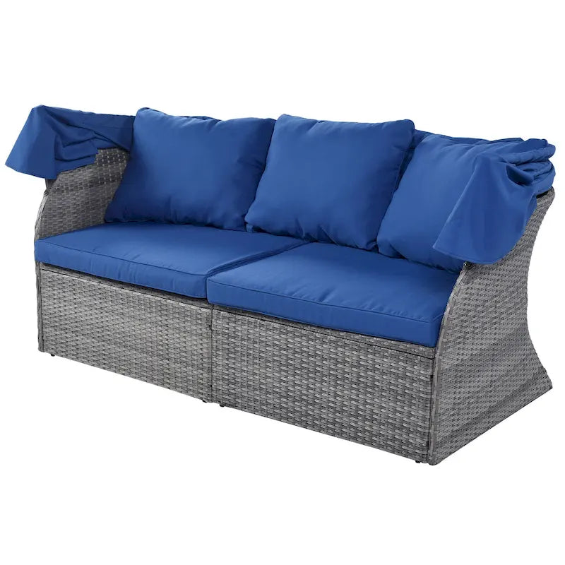 Ensemble de conversation en osier avec lit de jour modulaire, bain de soleil et baldaquin
