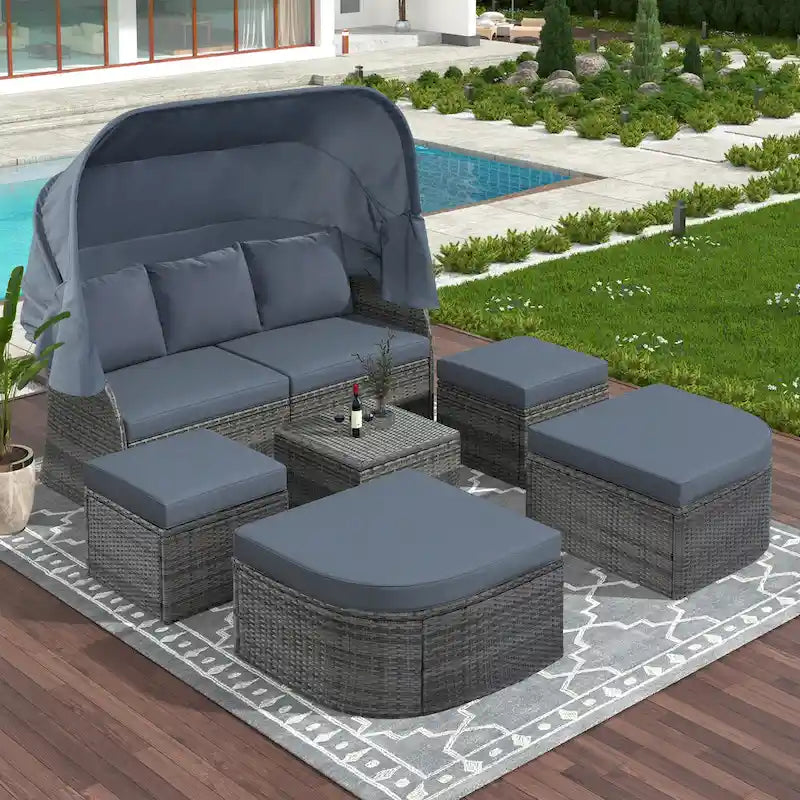 Ensemble de conversation en osier avec lit de jour modulaire, bain de soleil et baldaquin