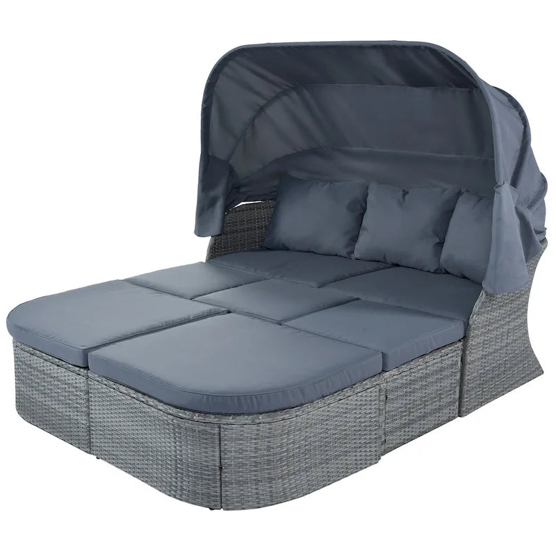Ensemble de conversation en osier avec lit de jour modulaire, bain de soleil et baldaquin