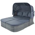 Ensemble de conversation en osier avec lit de jour modulaire, bain de soleil et baldaquin
