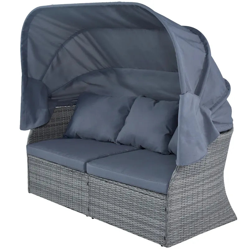 Ensemble de conversation en osier avec lit de jour modulaire, bain de soleil et baldaquin