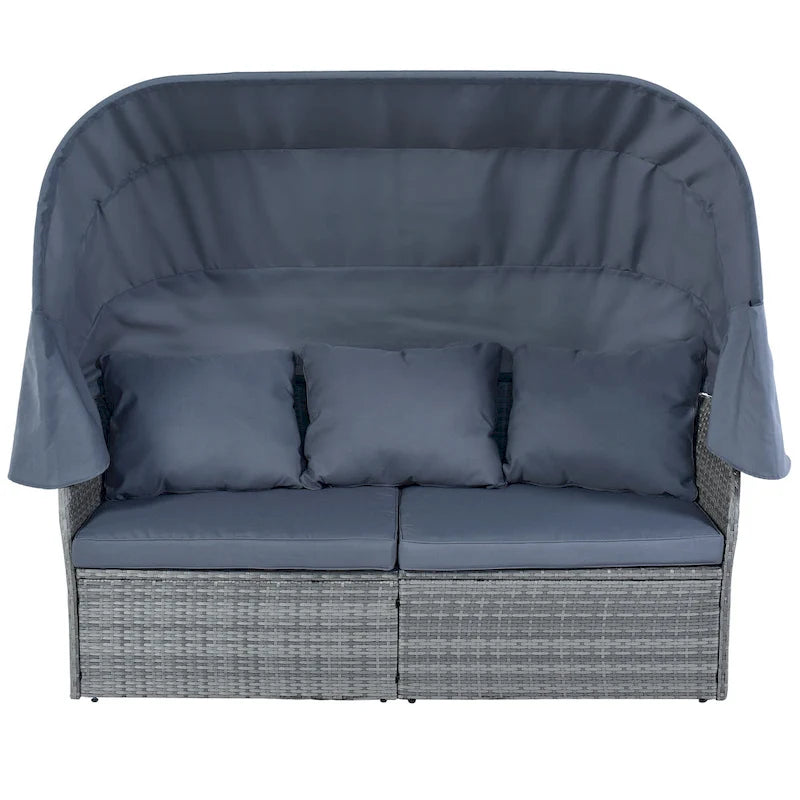 Ensemble de conversation en osier avec lit de jour modulaire, bain de soleil et baldaquin