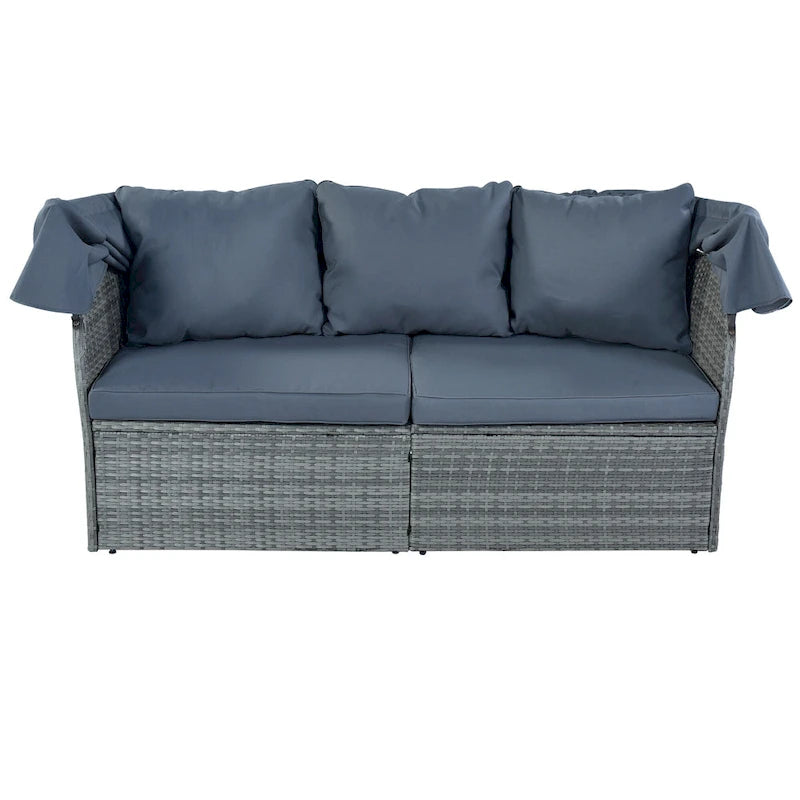 Ensemble de conversation en osier avec lit de jour modulaire, bain de soleil et baldaquin