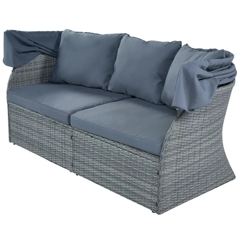 Ensemble de conversation en osier avec lit de jour modulaire, bain de soleil et baldaquin