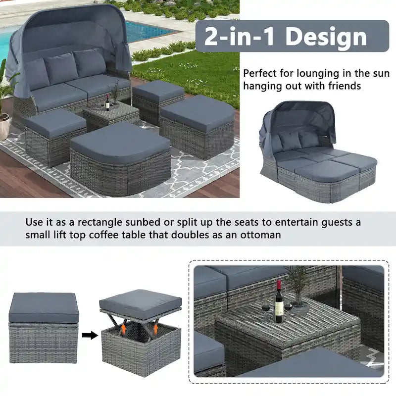 Ensemble de conversation en osier avec lit de jour modulaire, bain de soleil et baldaquin