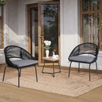 Ensemble bistro d'extérieur luxueux 3 pièces en corde tressée métallique avec coussin gris et table basse - 63 x 62,5 x 74 cm