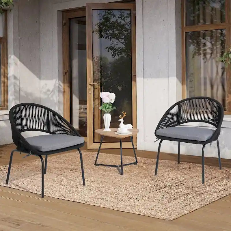 Ensemble bistro d'extérieur luxueux 3 pièces en corde tressée métallique avec coussin gris et table basse - 63 x 62,5 x 74 cm