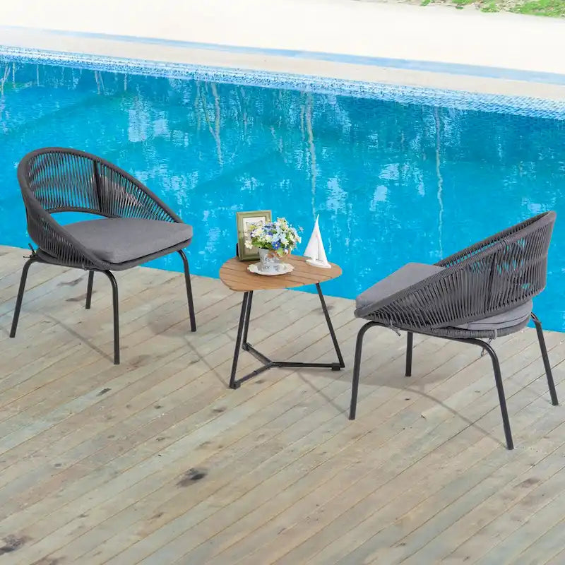 Ensemble bistro d'extérieur luxueux 3 pièces en corde tressée métallique avec coussin gris et table basse - 63 x 62,5 x 74 cm
