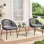 Ensemble bistro d'extérieur luxueux 3 pièces en corde tressée métallique avec coussin gris et table basse - 63 x 62,5 x 74 cm