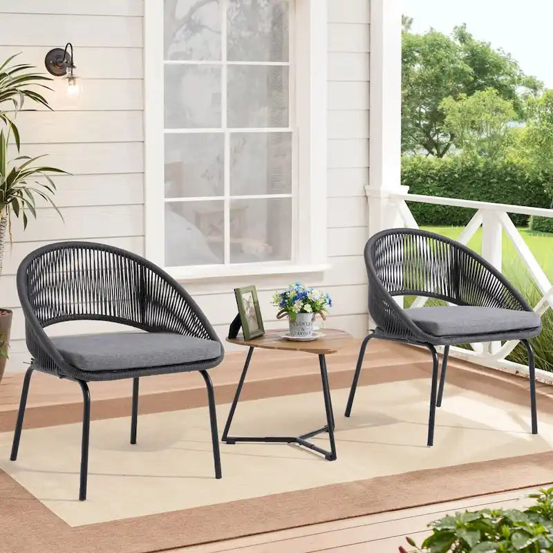 Ensemble bistro d'extérieur luxueux 3 pièces en corde tressée métallique avec coussin gris et table basse - 63 x 62,5 x 74 cm