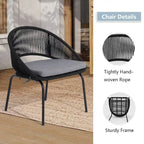 Ensemble bistro d'extérieur luxueux 3 pièces en corde tressée métallique avec coussin gris et table basse - 63 x 62,5 x 74 cm