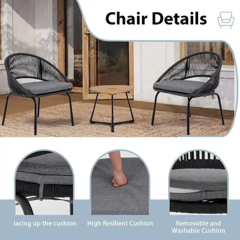 Ensemble bistro d'extérieur luxueux 3 pièces en corde tressée métallique avec coussin gris et table basse - 63 x 62,5 x 74 cm