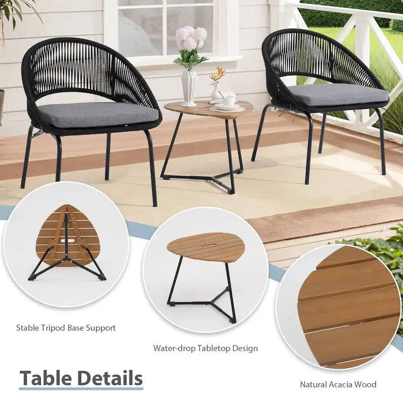 Ensemble bistro d'extérieur luxueux 3 pièces en corde tressée métallique avec coussin gris et table basse - 63 x 62,5 x 74 cm
