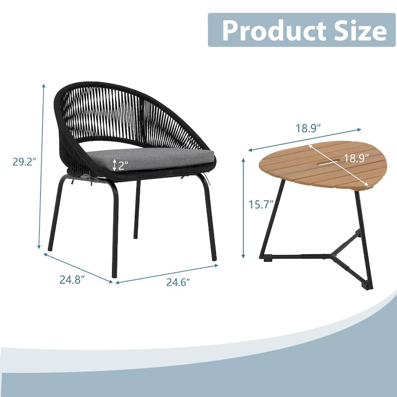 Ensemble bistro d'extérieur luxueux 3 pièces en corde tressée métallique avec coussin gris et table basse - 63 x 62,5 x 74 cm