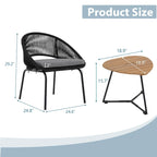 Ensemble bistro d'extérieur luxueux 3 pièces en corde tressée métallique avec coussin gris et table basse - 63 x 62,5 x 74 cm