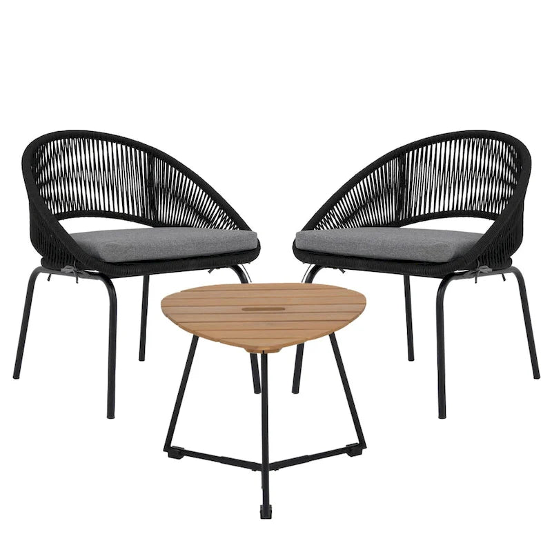 Ensemble bistro d'extérieur luxueux 3 pièces en corde tressée métallique avec coussin gris et table basse - 63 x 62,5 x 74 cm