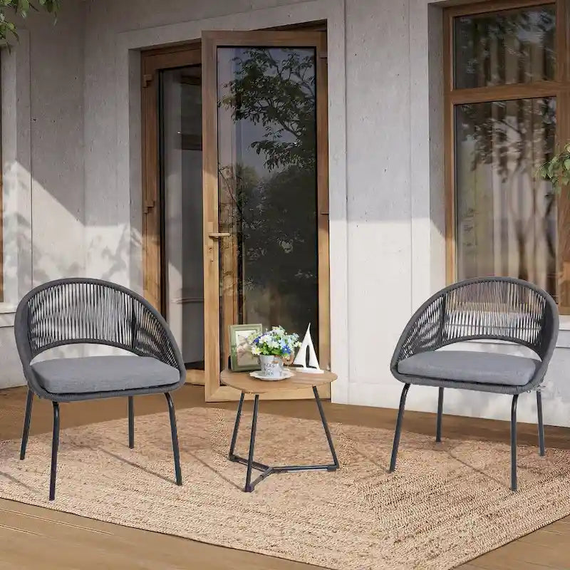 Ensemble bistro d'extérieur luxueux 3 pièces en corde tressée métallique avec coussin gris et table basse - 63 x 62,5 x 74 cm