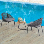 Ensemble bistro d'extérieur luxueux 3 pièces en corde tressée métallique avec coussin gris et table basse - 63 x 62,5 x 74 cm