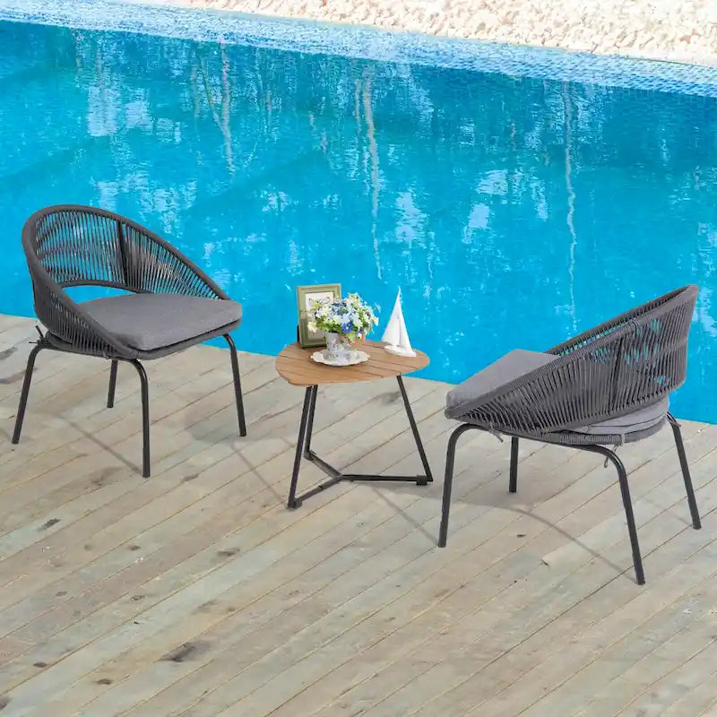 Ensemble bistro d'extérieur luxueux 3 pièces en corde tressée métallique avec coussin gris et table basse - 63 x 62,5 x 74 cm