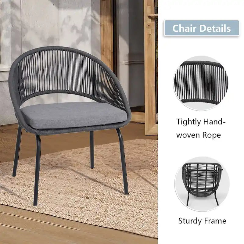 Ensemble bistro d'extérieur luxueux 3 pièces en corde tressée métallique avec coussin gris et table basse - 63 x 62,5 x 74 cm