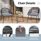 Ensemble bistro d'extérieur luxueux 3 pièces en corde tressée métallique avec coussin gris et table basse - 63 x 62,5 x 74 cm