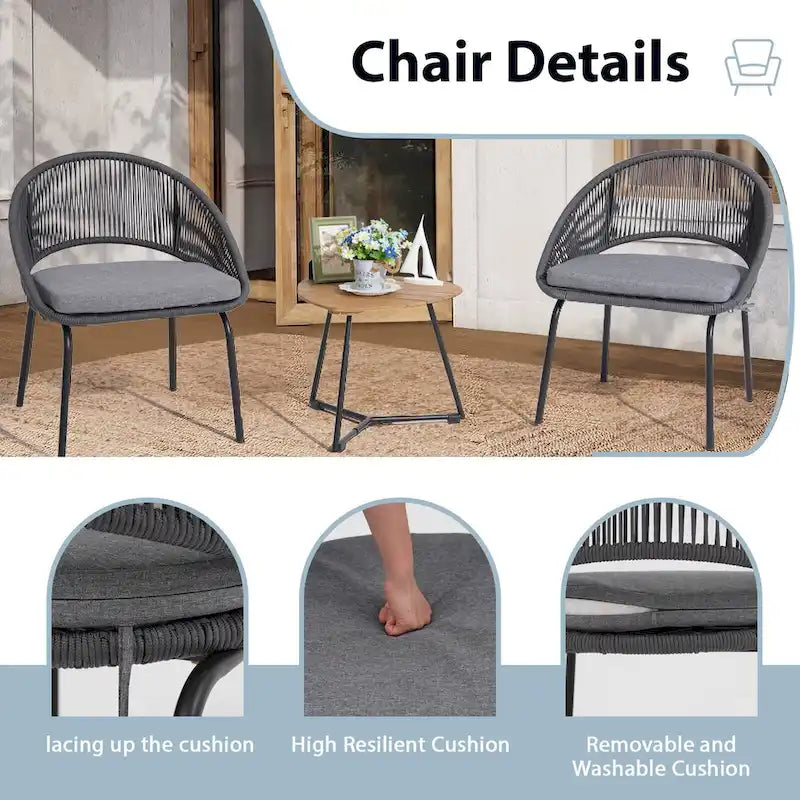 Ensemble bistro d'extérieur luxueux 3 pièces en corde tressée métallique avec coussin gris et table basse - 63 x 62,5 x 74 cm