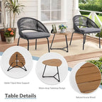 Ensemble bistro d'extérieur luxueux 3 pièces en corde tressée métallique avec coussin gris et table basse - 63 x 62,5 x 74 cm