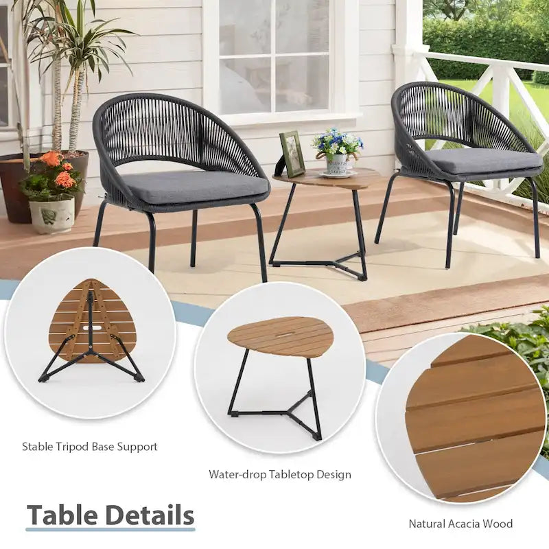 Ensemble bistro d'extérieur luxueux 3 pièces en corde tressée métallique avec coussin gris et table basse - 63 x 62,5 x 74 cm