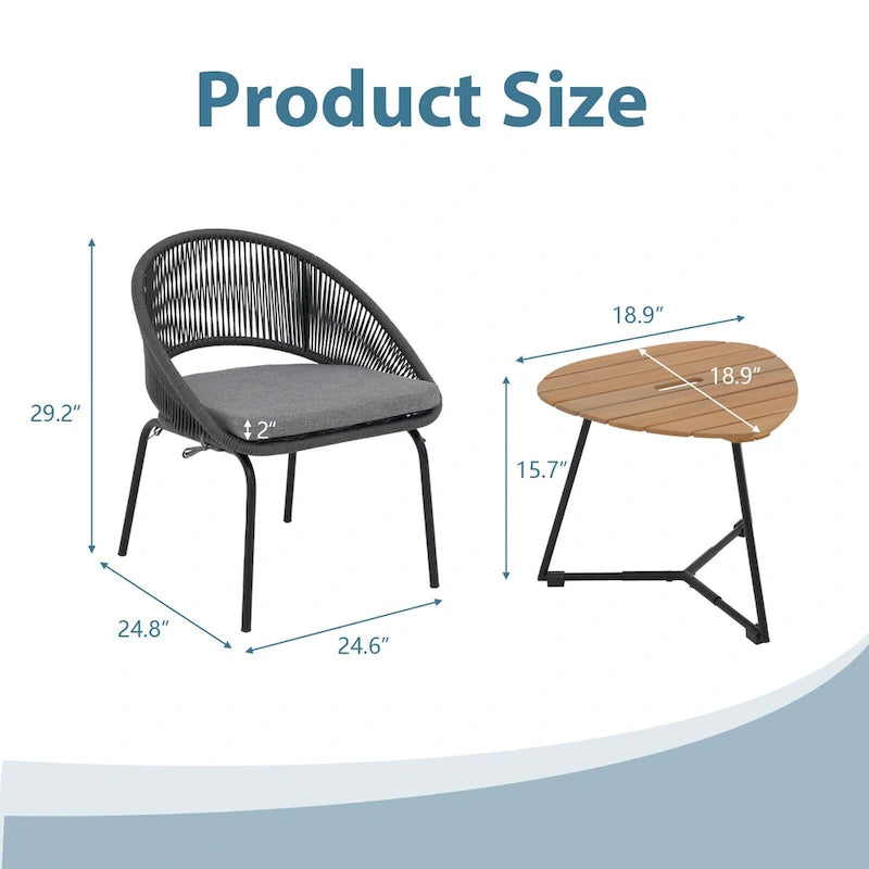 Ensemble bistro d'extérieur luxueux 3 pièces en corde tressée métallique avec coussin gris et table basse - 63 x 62,5 x 74 cm