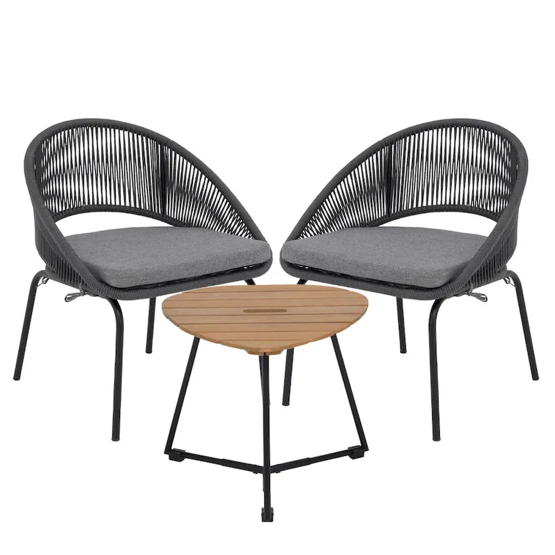 Ensemble bistro d'extérieur luxueux 3 pièces en corde tressée métallique avec coussin gris et table basse - 63 x 62,5 x 74 cm