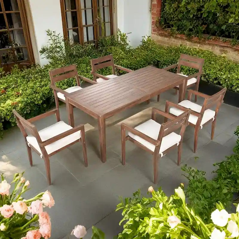 Ensemble de salle à manger d'extérieur 7 pièces en bois d'acacia avec table et 6 chaises rembourrées
