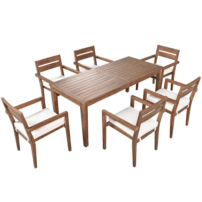 Ensemble de salle à manger d'extérieur 7 pièces en bois d'acacia avec table et 6 chaises rembourrées