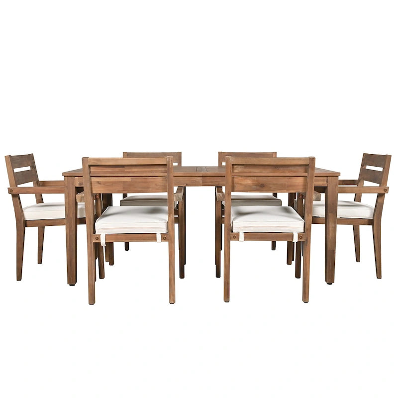 Ensemble de salle à manger d'extérieur 7 pièces en bois d'acacia avec table et 6 chaises rembourrées
