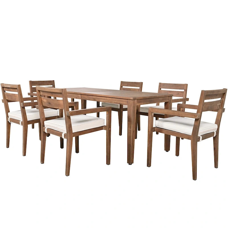Ensemble de salle à manger d'extérieur 7 pièces en bois d'acacia avec table et 6 chaises rembourrées