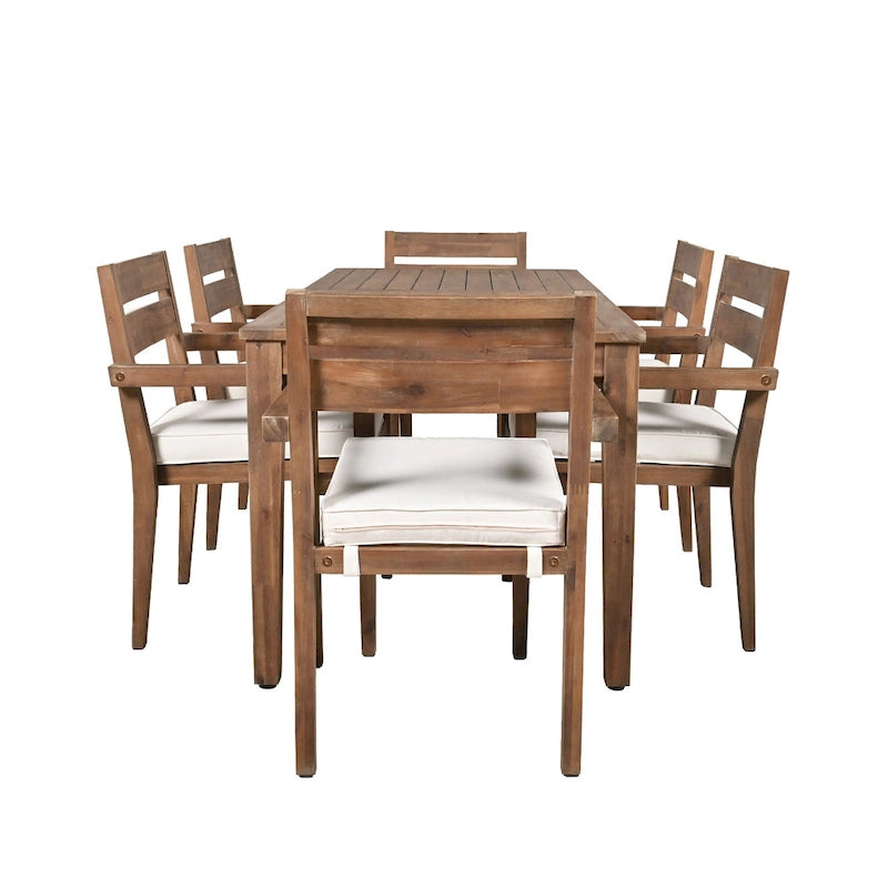 Ensemble de salle à manger d'extérieur 7 pièces en bois d'acacia avec table et 6 chaises rembourrées